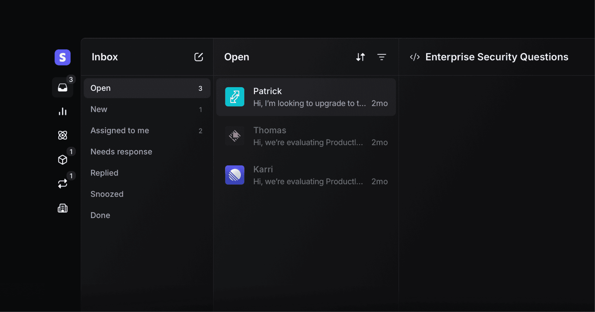 Productlane inbox sidebar showing open conversations